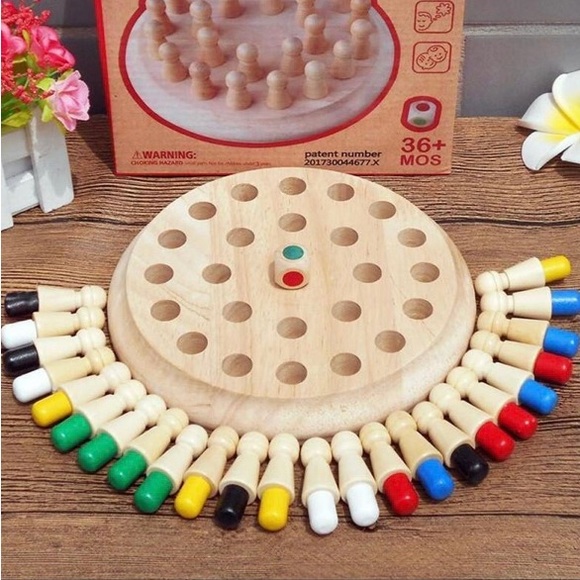 WOODEN COLOR MEMORY Chess MATCH PUZZLE BOARD TOY - Picture 6 of 16